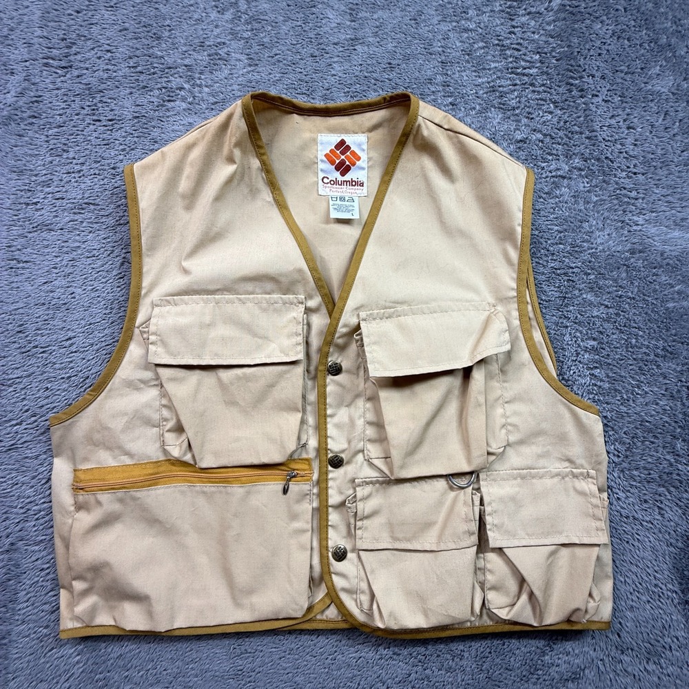 Vintage Columbia Mens Fishing Vest L Tan Snap Button Canvas Outdoor Gear